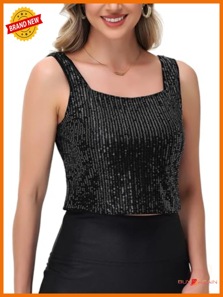 Sequin Cropped Tank Top With Square Neckline
